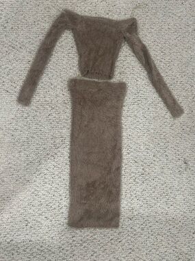 Fashion Nova Taupe Fuzzy Two-Piece Midi Set